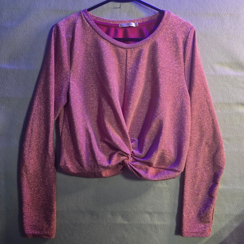 Heart & Hips Pink Metallic Glitter Twist Front Crop Top Long Sleeve XL JT30761L‎